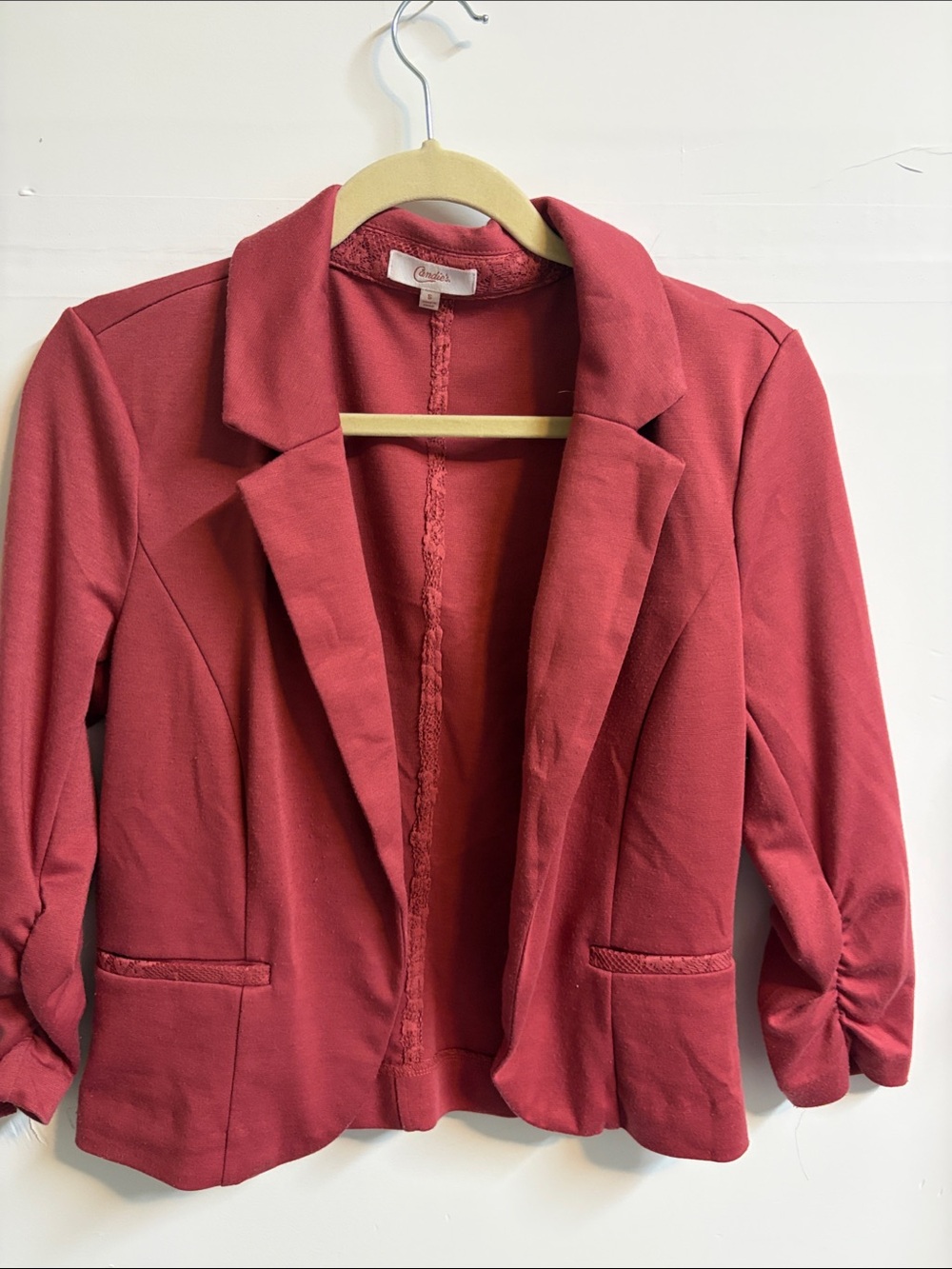 Crescent Brick-pink Open-Front Blazer with Ruched Sleeves